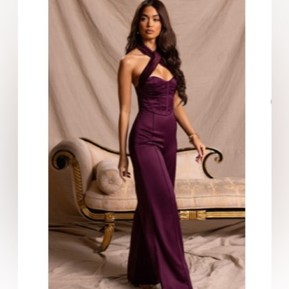 PRETTYLITTLETHING Premium Plum Constructed Satin Pants & Cross Neck Top Corset